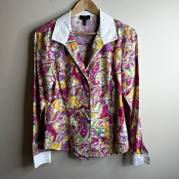 Vintage Escada Button Up Blouse Sz 40 Silk Cotton Abstract Rainbow Retro Artsy - Picture 1 of 13
